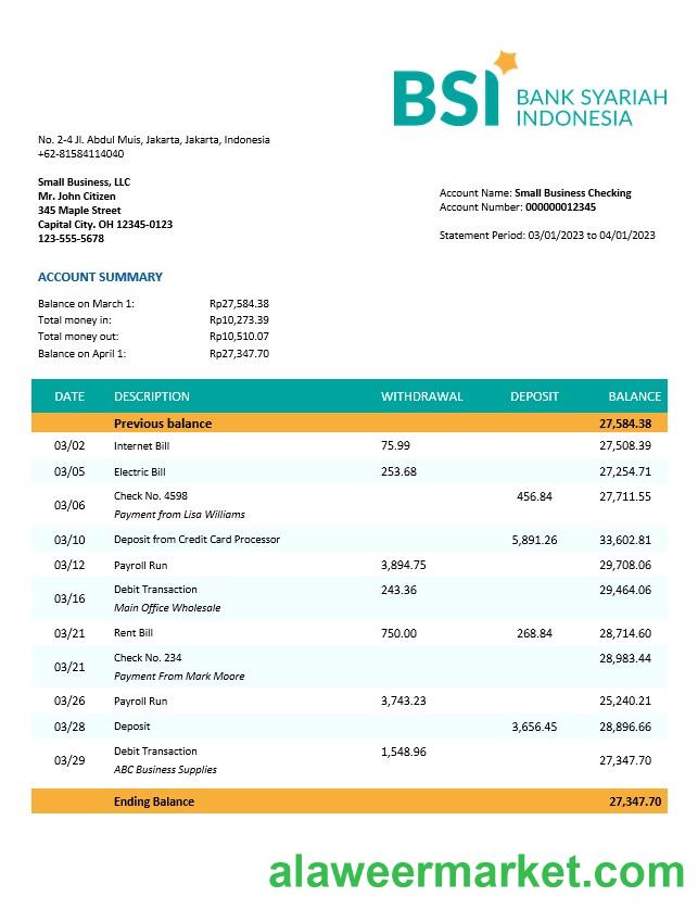 BANK Syariah Indonesia organization checking account statement Word and PDF template